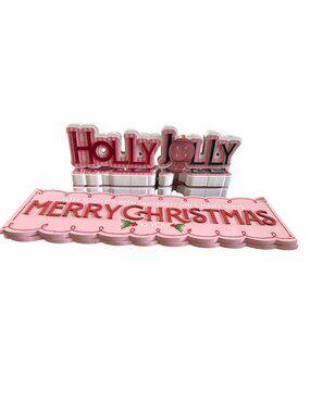 Holly Jolly & Merry Christmas Pink Wooden Decor Signs Festive Holiday Decoration